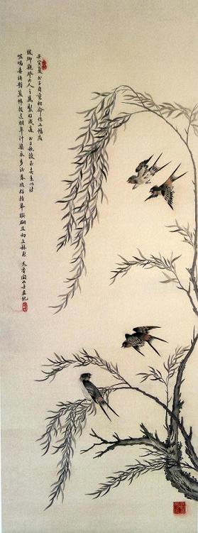 沈壽繡柳燕圖(軸),刺繡名作,蘇繡名人,清朝刺繡