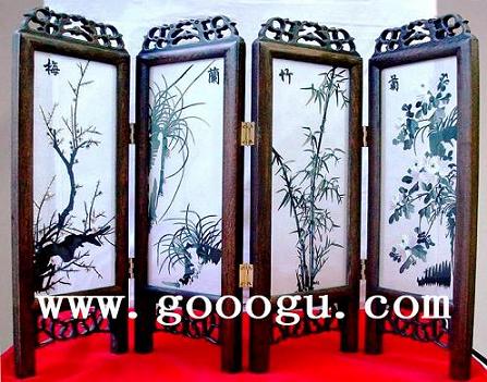 梅藺竹菊四扇折疊小屏風 蘇州雙面繡品 純手工雙面繡