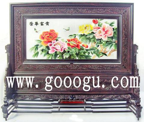 榮華富貴蘇繡,牡丹圖案刺繡,刺繡臺(tái)屏精品