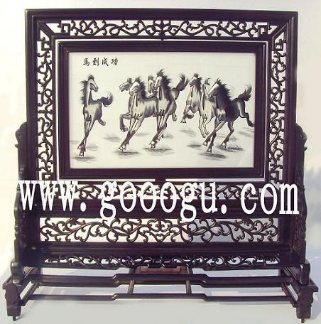 刺繡精品雙面繡,馬到成功,高檔木雕工藝品