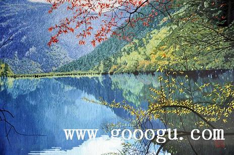 九寨溝風景刺繡畫,高檔風景刺繡裝飾畫,蘇繡工藝品畫