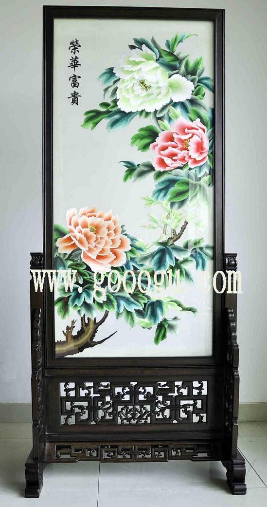 牡丹刺繡雙面繡,榮華富貴雙面繡玄關屏風,蘇州手工刺繡繡品