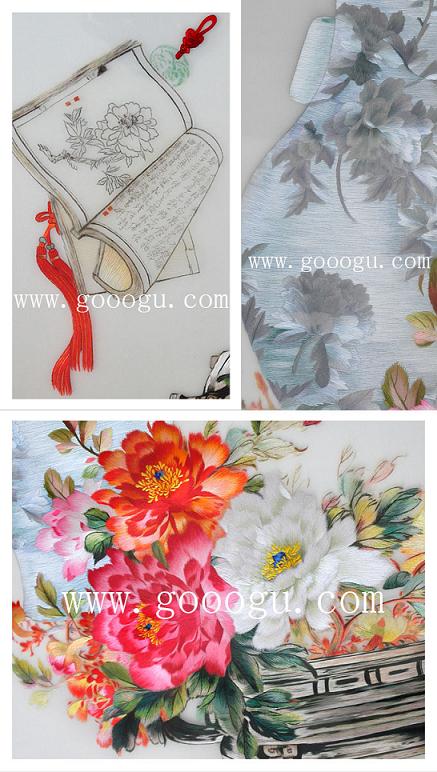 刺繡畫細(xì)節(jié)照片,牡丹古代題材蘇繡精品