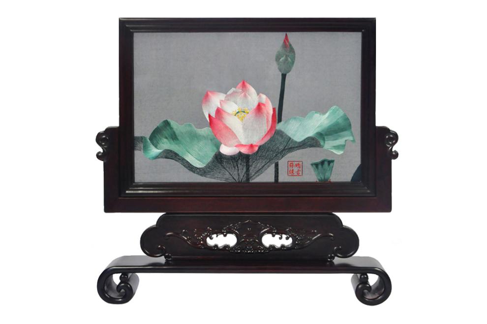 荷花雙面繡臺屏 紅木臺屏 刺繡雙面繡