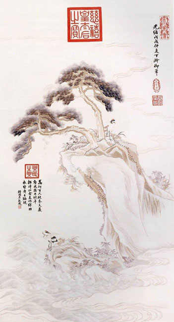 刺繡慈禧印松鶴圖(軸),宮廷繡品,皇家刺繡品